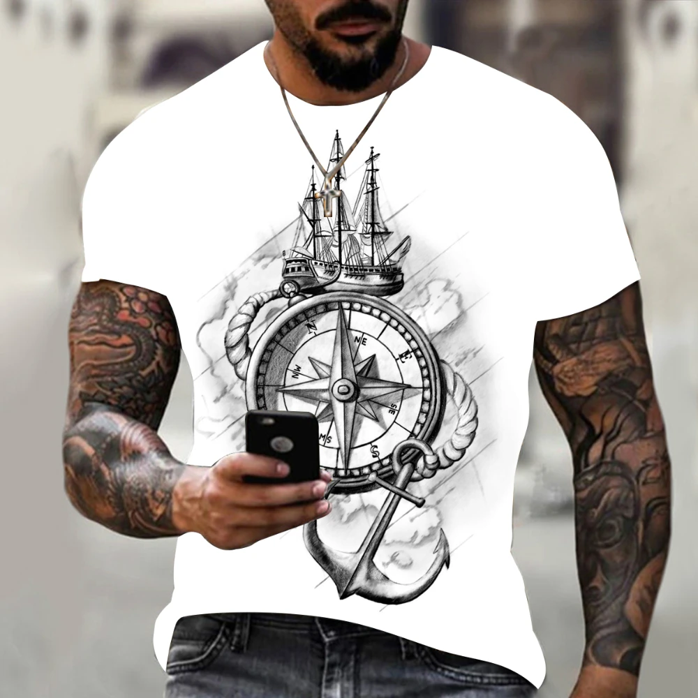 Camiseta con estampado 3D de brújula para hombre, camisa informal holgada de manga corta de Hip-Hop, tendencia de moda callejera, camisa clásica blanca de verano