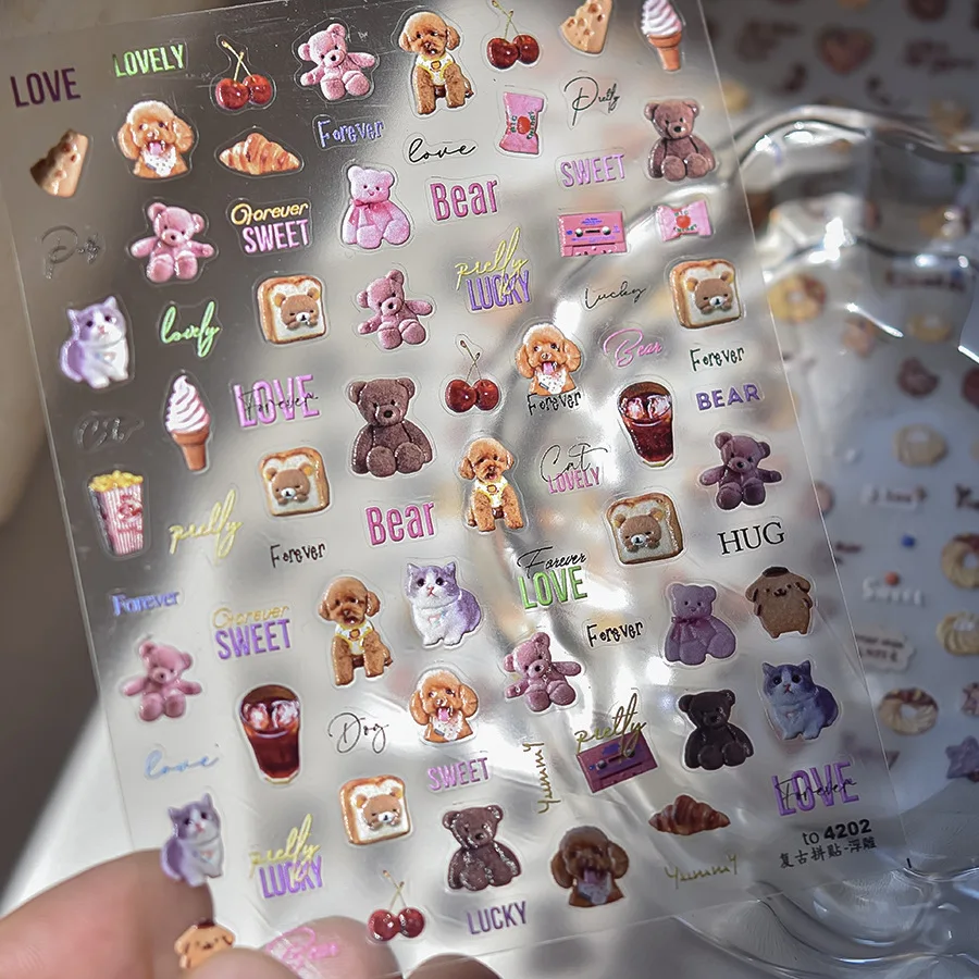 Vintage Lovely Bear Dog & Yummy Cookies Nail Sticker High Quality 3D Design Adhesive Nail Art Decoration