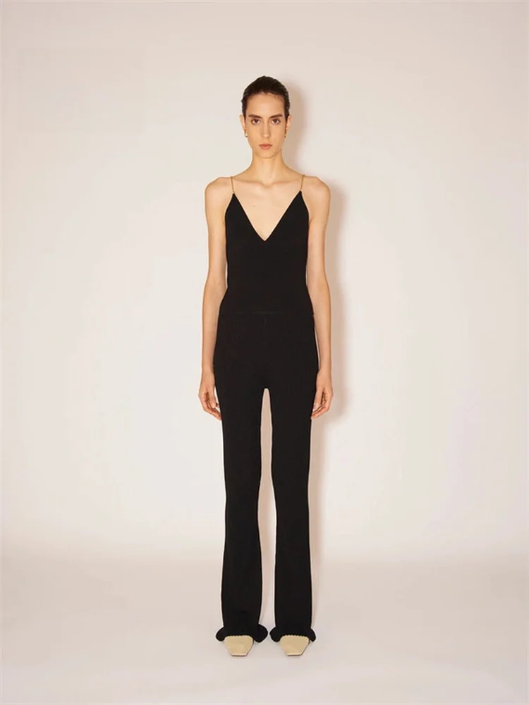 

Nanuka August Pure Color V-ne Slim Fit Knitted Chain Strap ort Top Faionable Summer ential Commute Sle