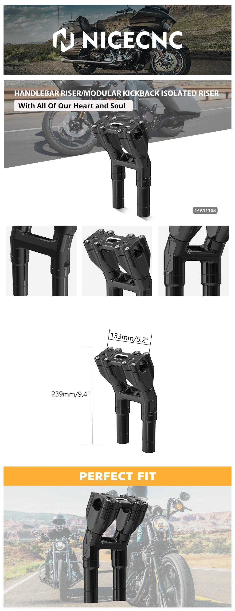 Kickback-Lenkererhöhung 8"/7"/6"/5" für Harley Dyna Street Bob FXDB Super Glide FXD Fat Bob FXDF Low Rider FXDL Wide Glide – Detail 1