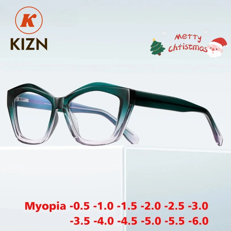 KIZN مكافحة الضوء الأزرق قصر النظر إطار نظارات جديد إمرأة موضة القط العين وصفة طبية تلون نظارات الكمبيوتر-0-50 إلى -10