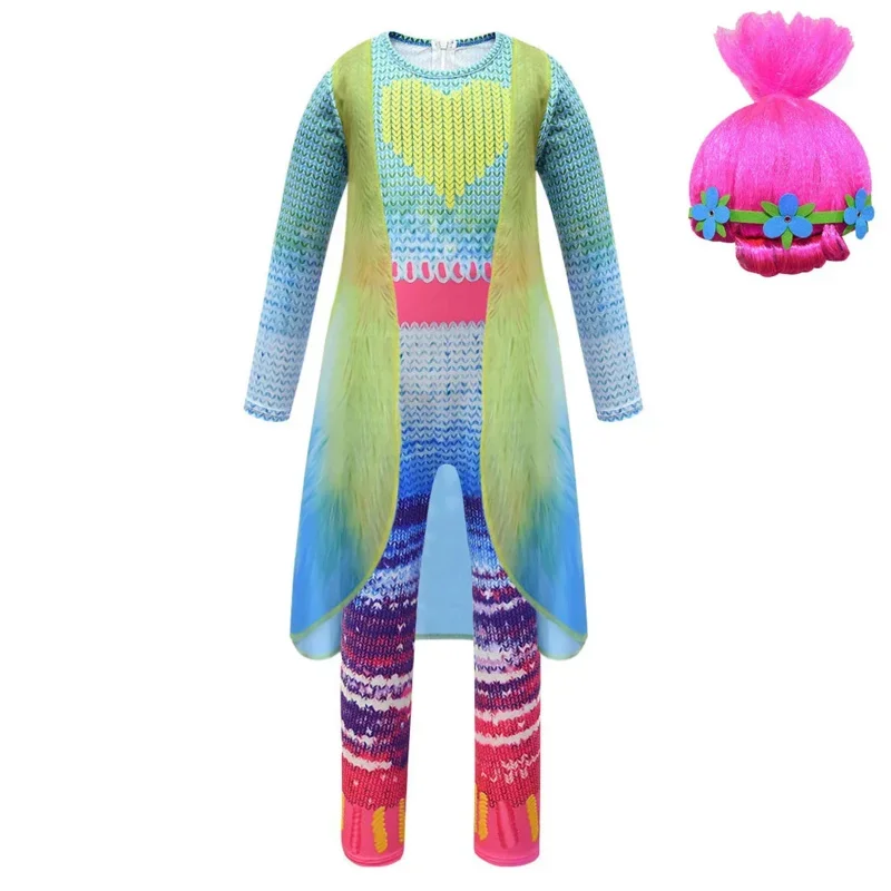 Trolls 2 Halloween Costumes for Kids Fancy Girls Cosplay Jumpsuit Poppy Princess Siamese Anime Clothes Elf World COS Clothingaa