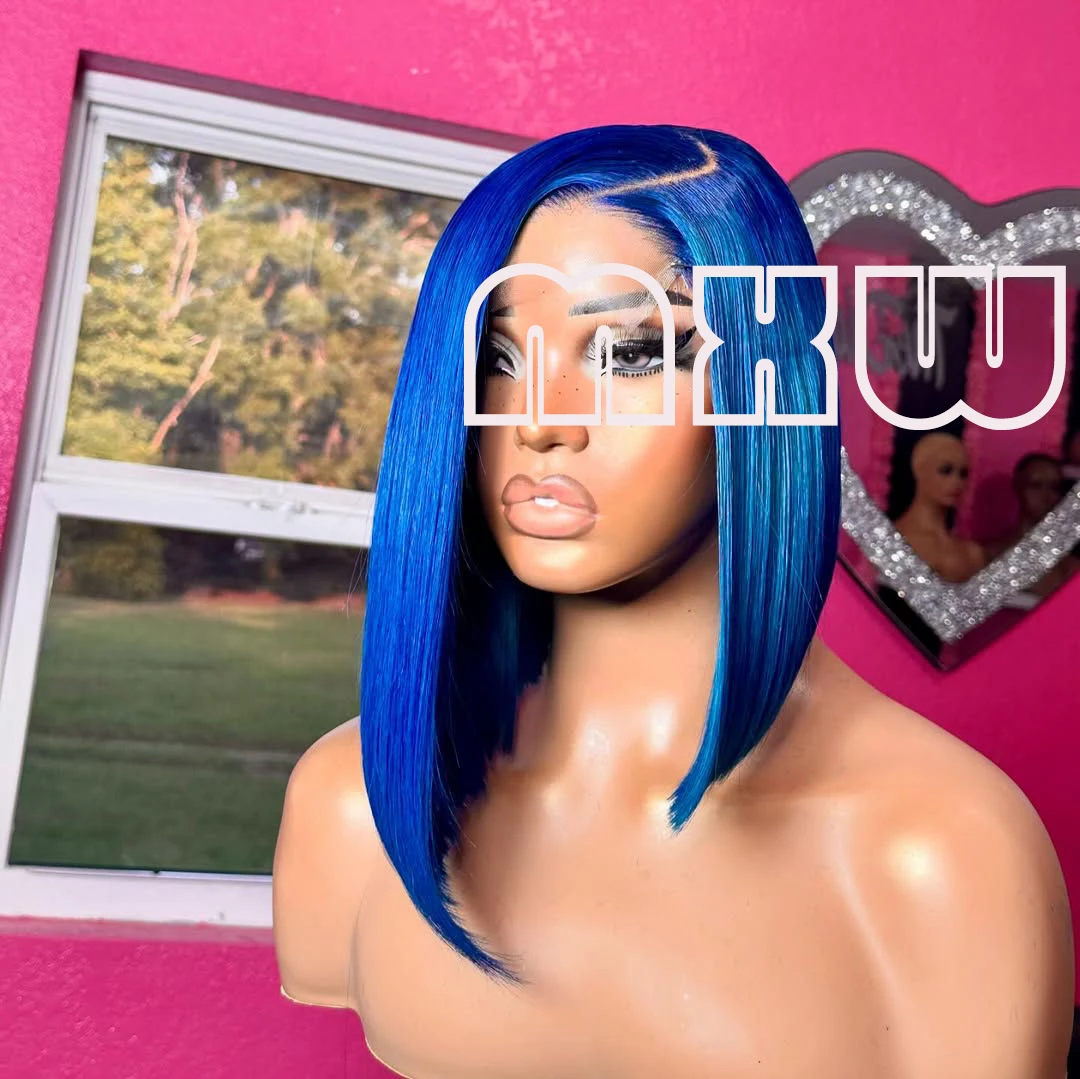 MXWIG Synthetic Hair Blue Short Straight Glueless 13X4 Lace Front Wig For Black Women Preplucked  Daily Fiber Cosplay