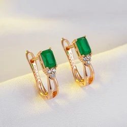 Wbmqda New Emerald Square Cut Zircon Hoop Earrings For Women Luxury Retro 585 Rose Gold Color Daily High Quality Fine Jewelry