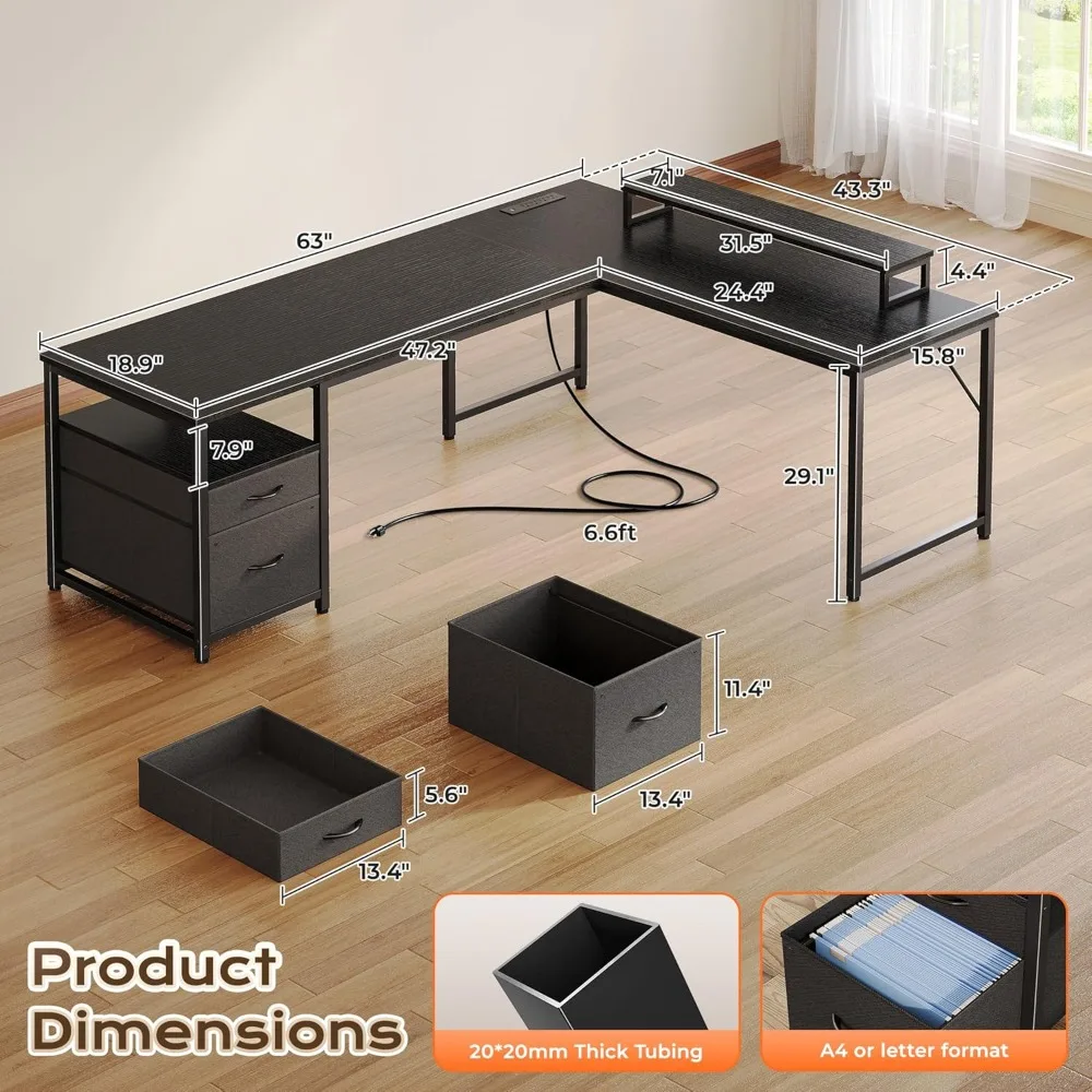 63 Escritorio grande en forma de L con puertos de alimentación y USB-C, escritorio moderno de oficina en casa con cajones de almacenamiento para configuración de computadora