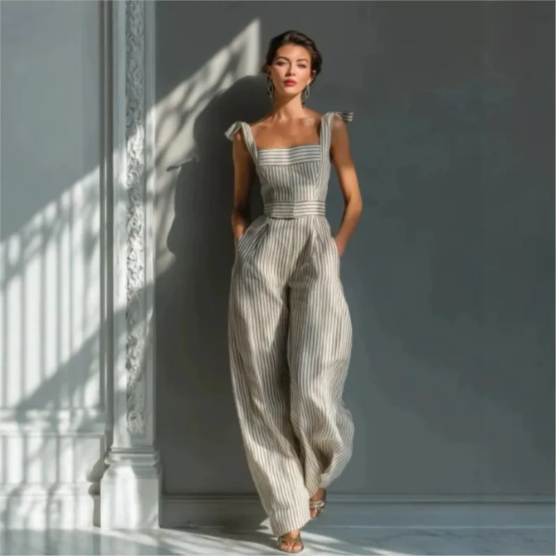 Eleganter Gestreifter Damen-Einteiler mit Hoher Taille und Weitem Bein, Schlankmachender Effekt, Modischer Pendler-Stil aus Polyesterfaser