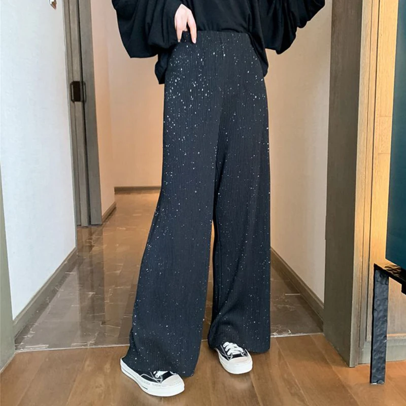 Mxzt – pantalon plissé à jambes larges pour femmes, taille haute, mode coréenne, noir, paillettes, élastique, droit, décontracté, Streetwear, nouveau