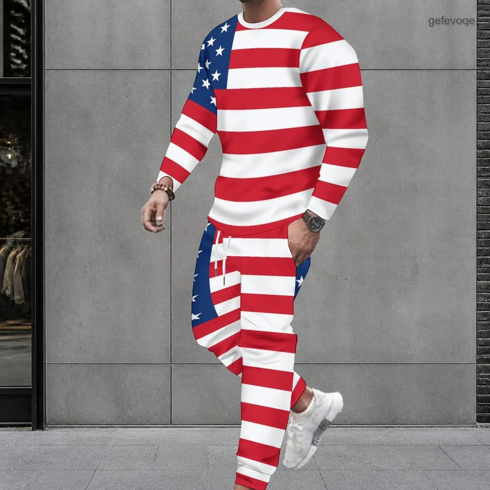 Men USA Flag Printed Round Neck Long Sleeve Top and Cuffed Pants Two Piece Set