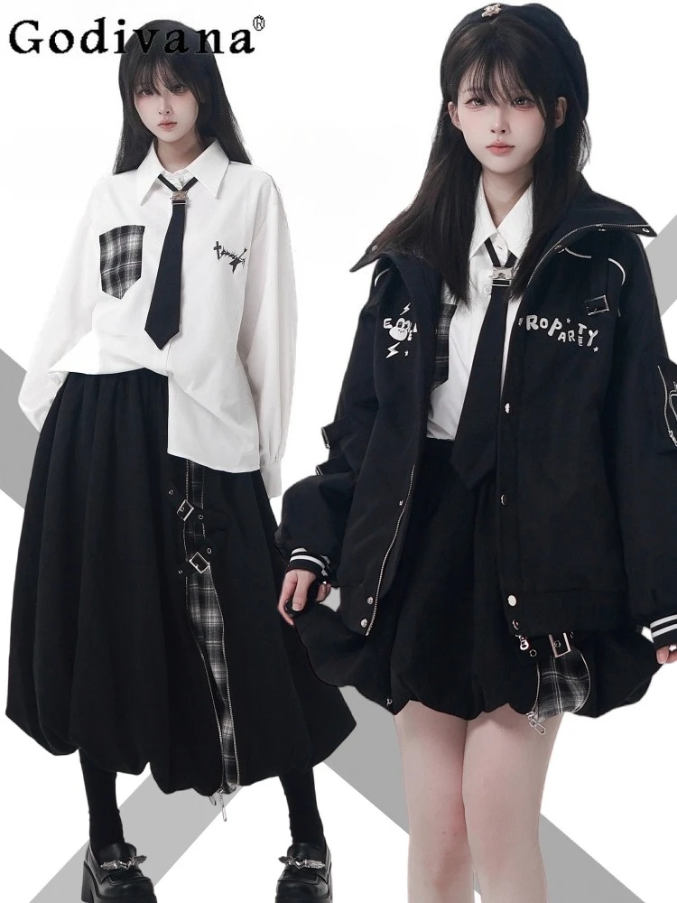 

Original Sweet Cool Fashion Black Jacket Winter New College Style Student Y2K Parka Long Sleeve Shirt Lace Trim Skirt Set 2025