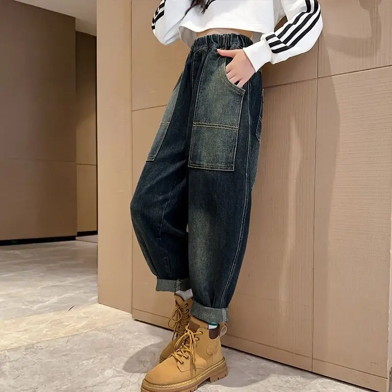 

【Spring 2025】Girls' Loose Fit Korean Style Harem Jeans for Kids, Casual Oversized Pants for Medium To Large Children