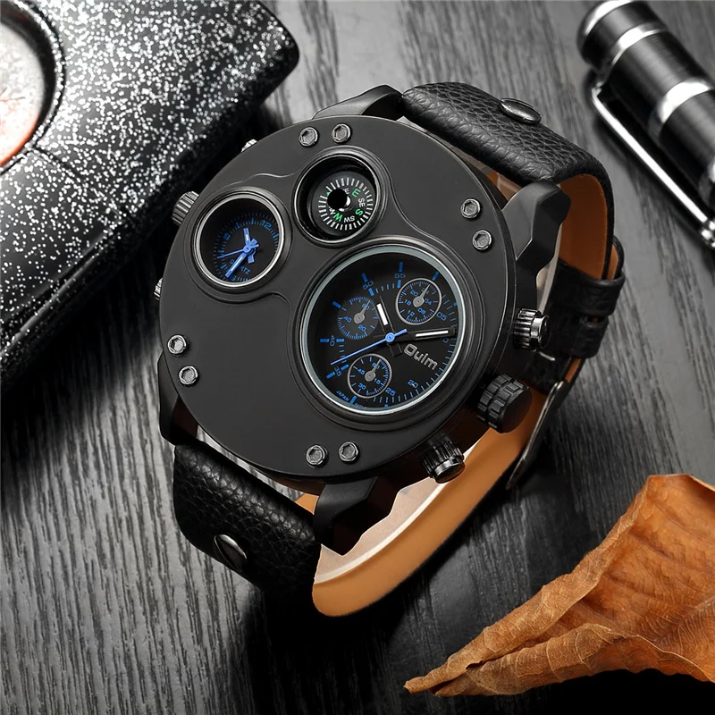 OULM Mens Watches Top Luxury Brand Sport Wrist Watch Multiple Time Zones Quartz Military Genuine Leather Relogio Masculino