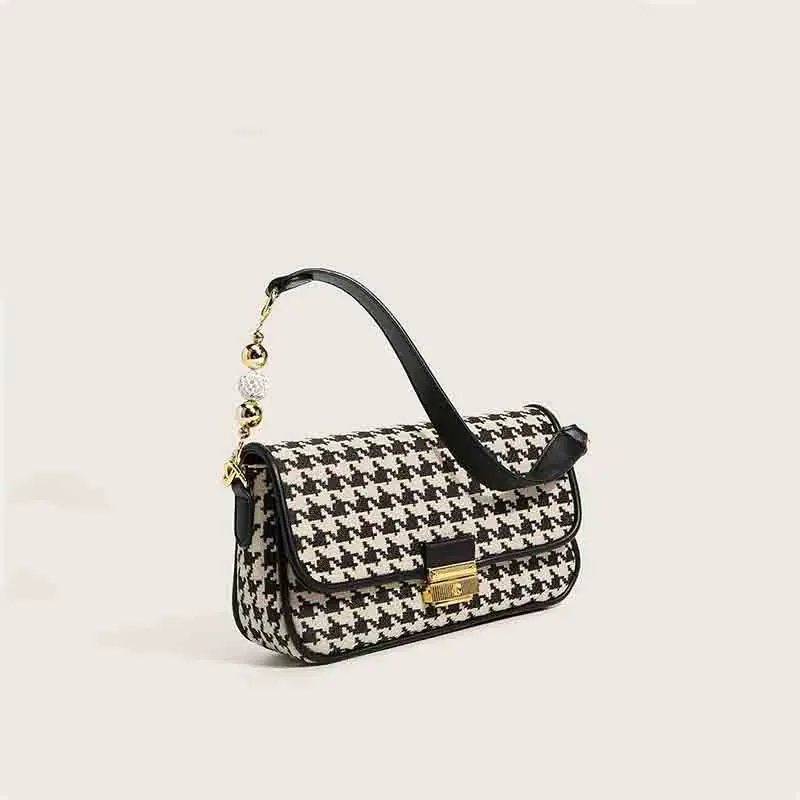 Women\'s Fashionable Black and White Houndstooth Canvas Shoulder Bag  Luxury Designer Underarm Handbag Classic Style