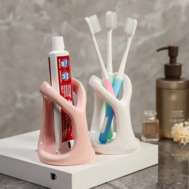 Toothpaste Toothbrush Holder Ceramic Drain Rack Heart-shaped Style Nordic Minimalist Abstract Art Geometry Bathroom Organizer