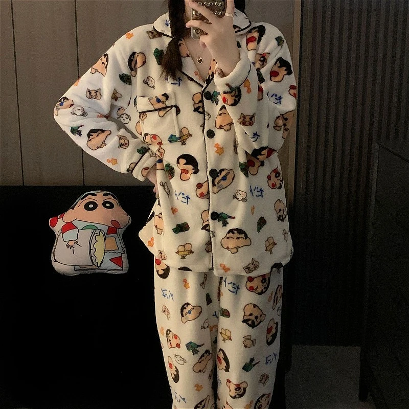 

Winter Cute Pajama Sets for Women Shin-chan Cartoon Thick Nightgown Set Hooded Coral Velvet Sleep Girls Flannel Home Lounge Set