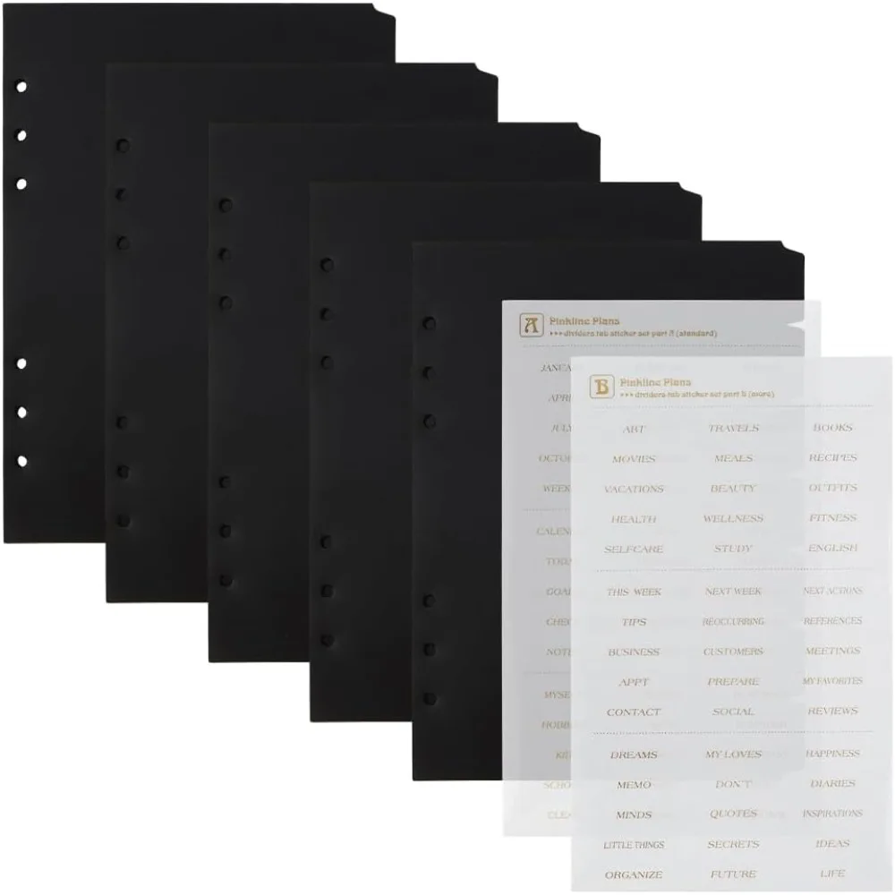 35 Sheets 7-Tab Black Binder Dividers A5 PVC 6-Hole Paper Index Dividers 21.1x14.3cm/8.3''x5.6'' Index Page Tab Card