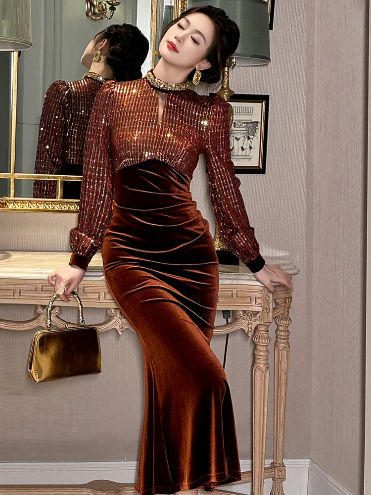 French Elegant Evening Dresses for Women Velvet Hollow Gold Sequins Luxury Diamond Prom Fishtail Robe Femme Party Vestidos Lady