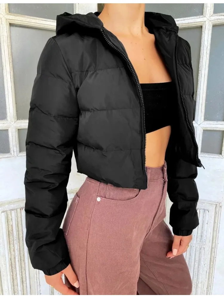 Autumn Winter Women's Clothing Hooded Cropped Jacket Zipper Cotton Coat Short Parkas Puffer Jacket Streetwear Tops Design Coats