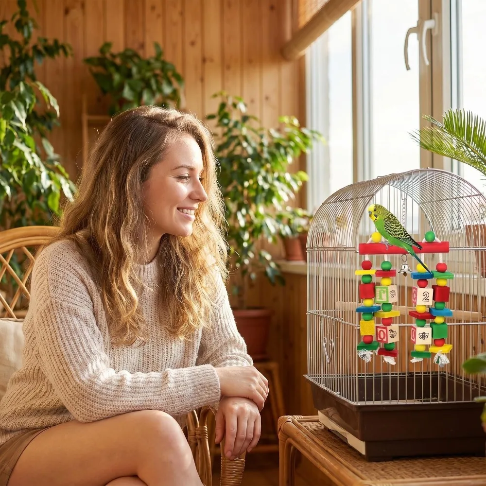 Papageienspielzeug für Käfige: Holz-Knabberblöcke, Hängeschaukeln, Kletter- und Kauspielzeug für Sittiche, Nymphensittiche und kleine Vögel – Detail 8