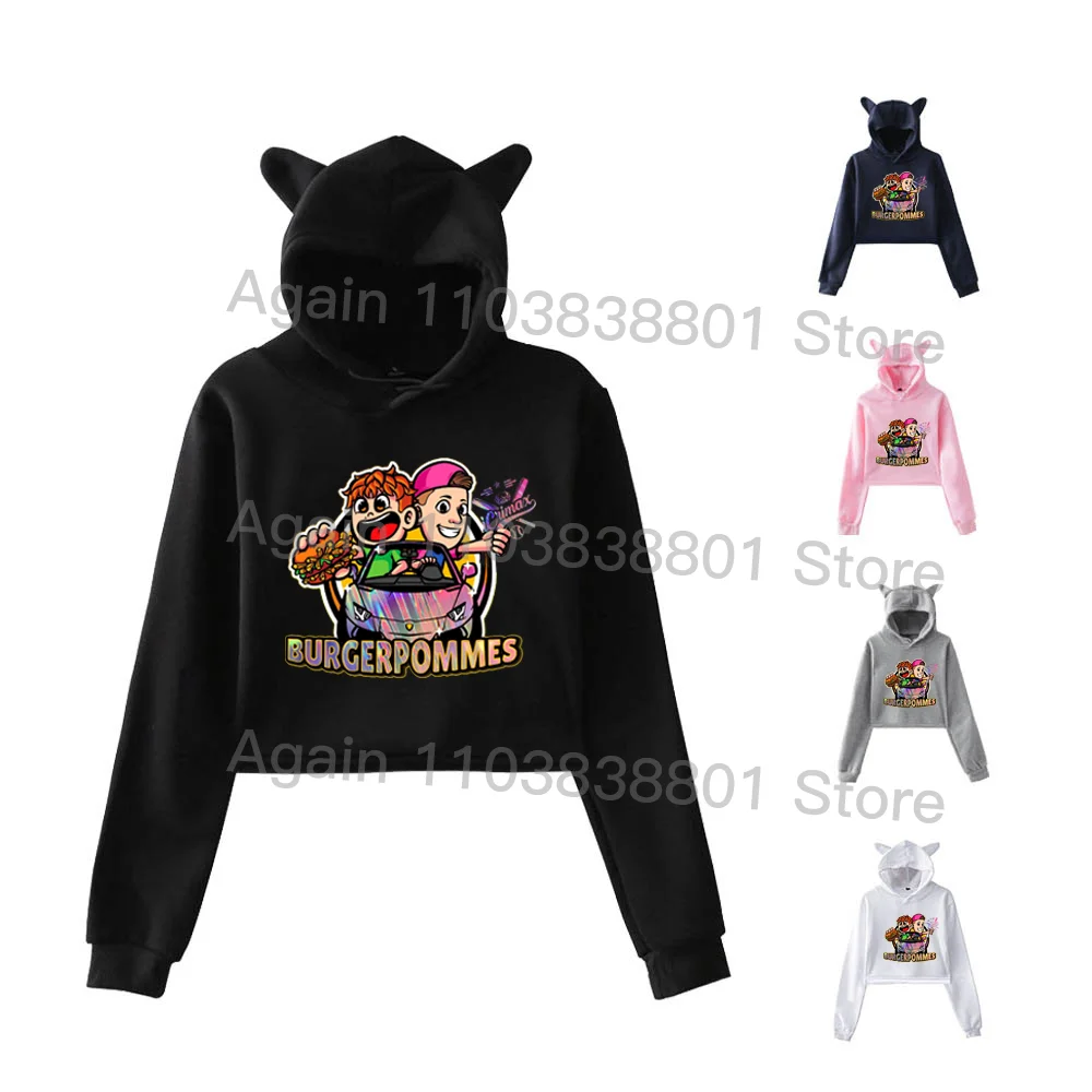 New Burgerpommes Icrimax Boys/girls Crop Top Hoodie for Teenage Girl Streetwear Cat Ear Cropped Sweatshirt Harajuku Kawaii Tops