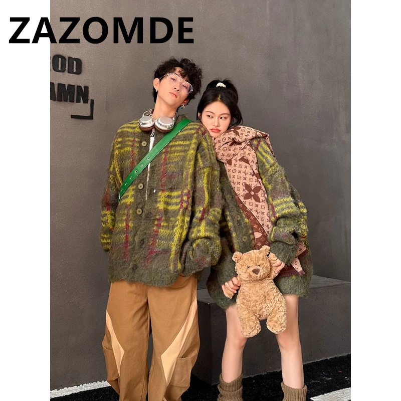 ZAZOMDE Winter New Vintage Oversize Sweaters Streetwear Y2k Clothes Knitted Jumper Jacquard Fashion Couple Cardigan Sweater Coat