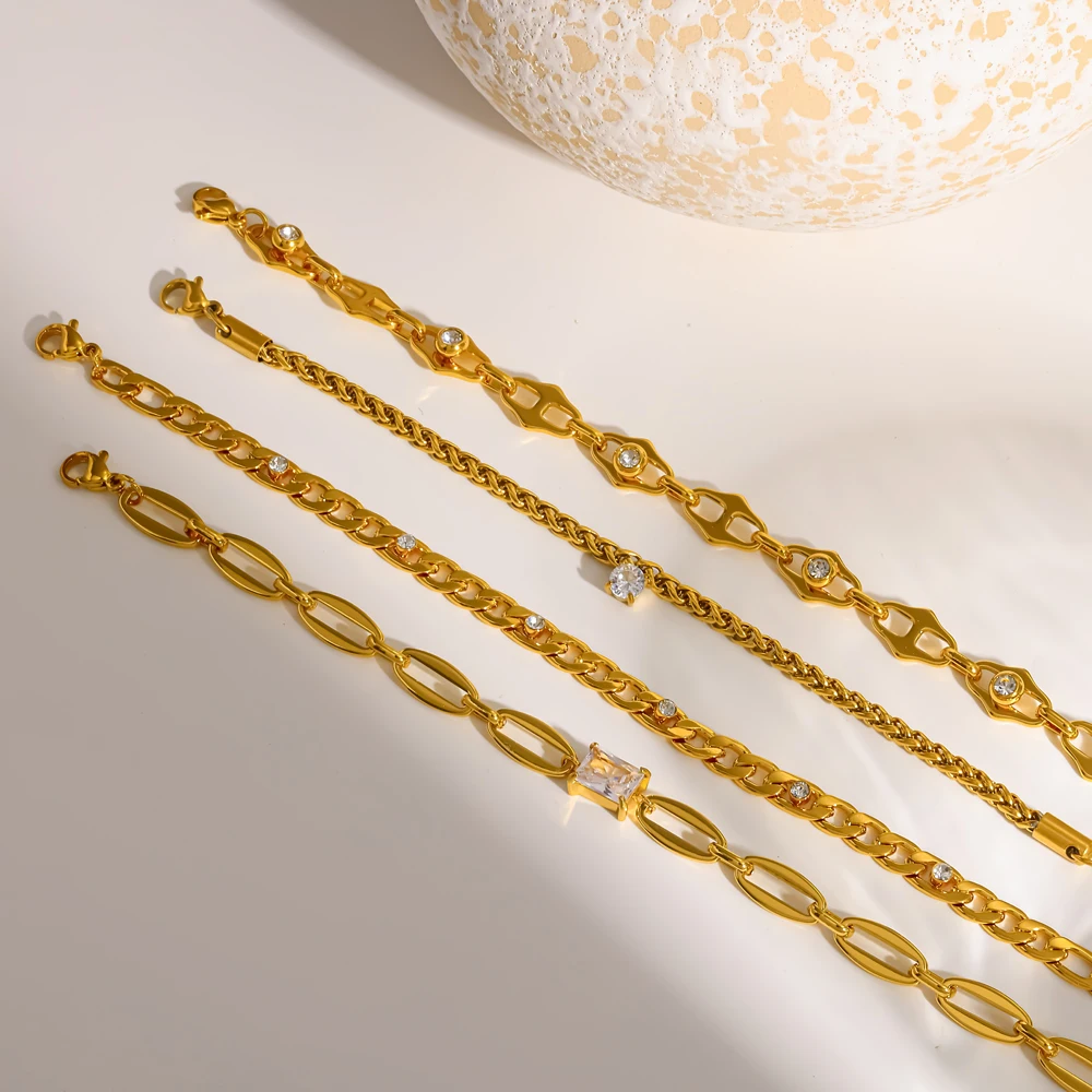 Modisches Design Edelstahl-Armband mit Weißem Zirkon-Besatz, 18K Goldfarben Beschichtet, Wasserdichter Schmuck als Geschenk – Detail 5