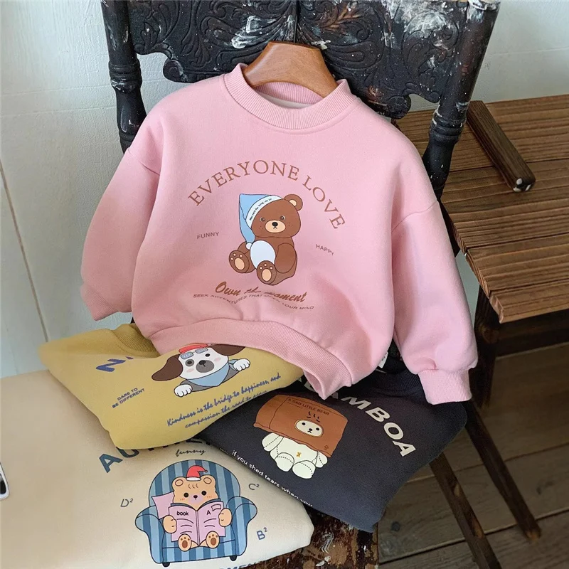 Kids Thick Plush Sweatshirts Winter Boys Girls Fleece Warm Pullover Autumn Fashion Children Cartoon Printed Clothing 2-8 Y
