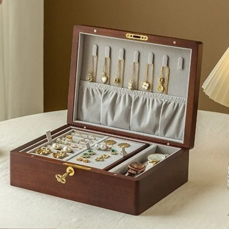 Wooden Jewelry Storage Box Retro Necklace Organizer Case Large Capacity Ring Earring  Storage Box Desktop Watch Collection Cases