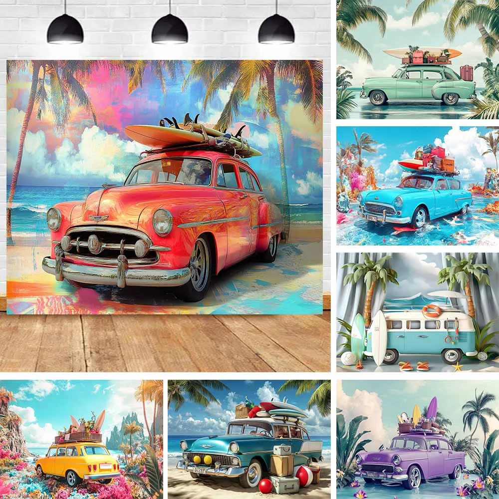 

Hawaiian Summer Beach Background Tropical Seaside Flowers Aloha Luau Ocean Sea Surfboard Holiday Party Birthday Backdrop Decor