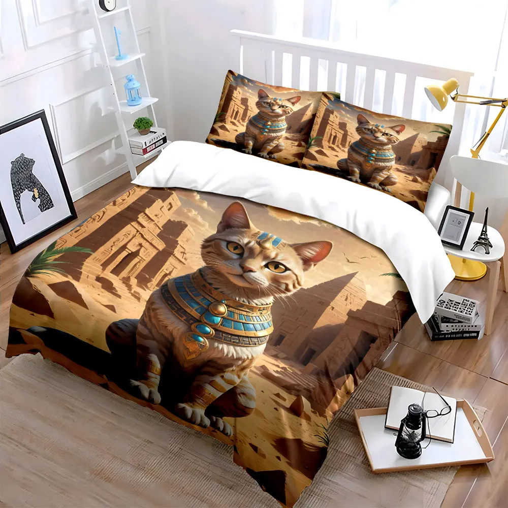 Ancient-themed cat with Egyptian backdrop Print Soft Comfortable Duvet Cover Bedding Set Included 1*Duvet Cover 2*Pillowcases