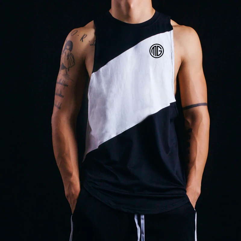 Men Running Vest Cotton Splicing Mesh Breathable Gym Workout Tank Sleeveless Fitness Training Sports Singlet Summer Bodybuilding