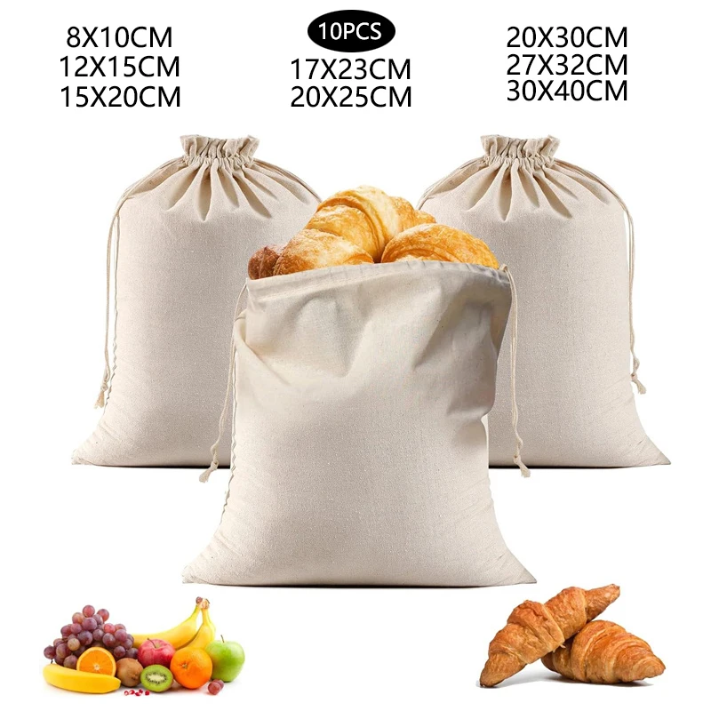 10 PCS Cotton Drawstring Bag Large Size Reusable Bread Bag Keeping Fresh Linen Bag  Christmas Party Gift Jewelry Package Bag