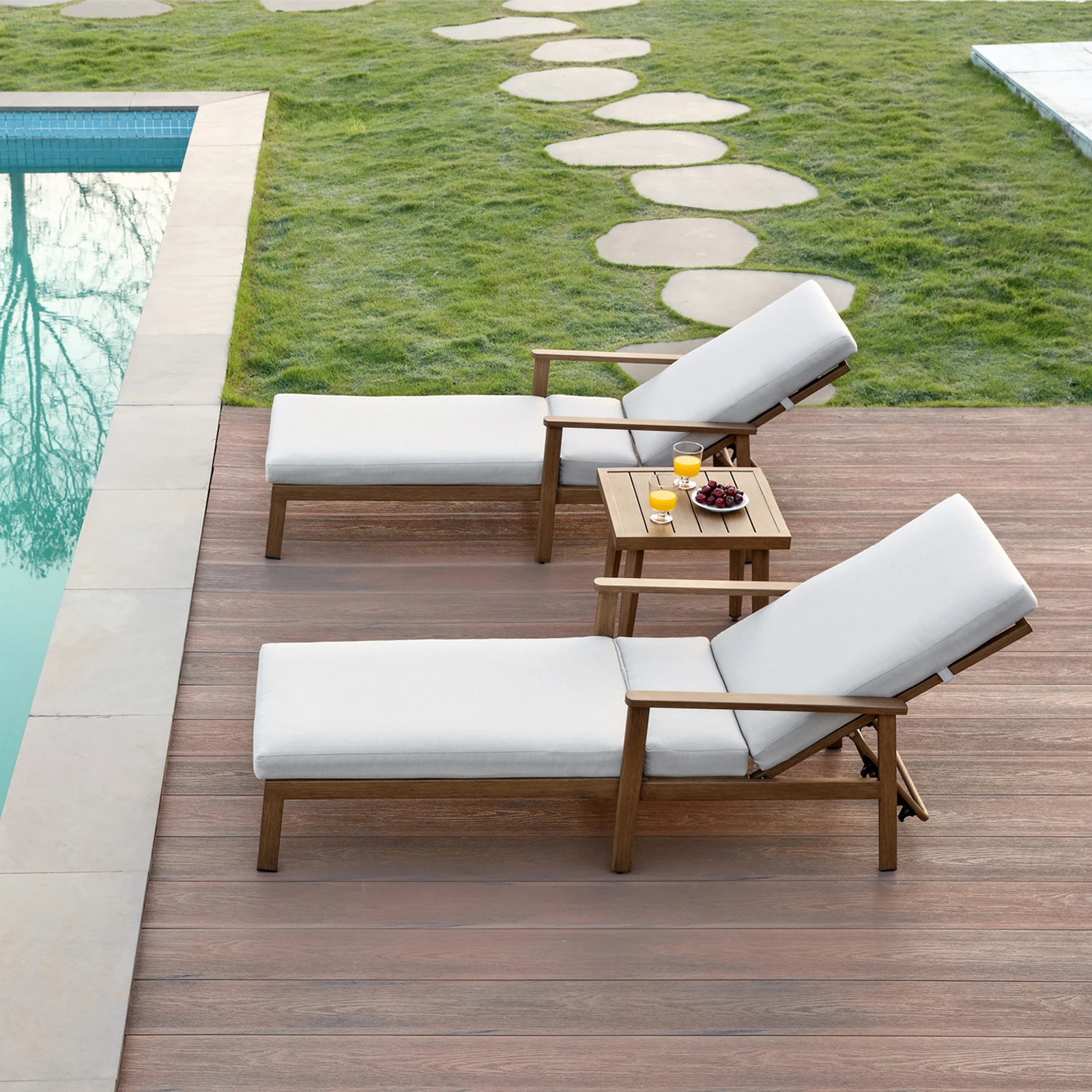 

3-Piece Teak Lounge Chair Set Aluminum Outdoor Portable Chaise with Thick Cushions for Poolside Beach Yard Patio-for Hotels