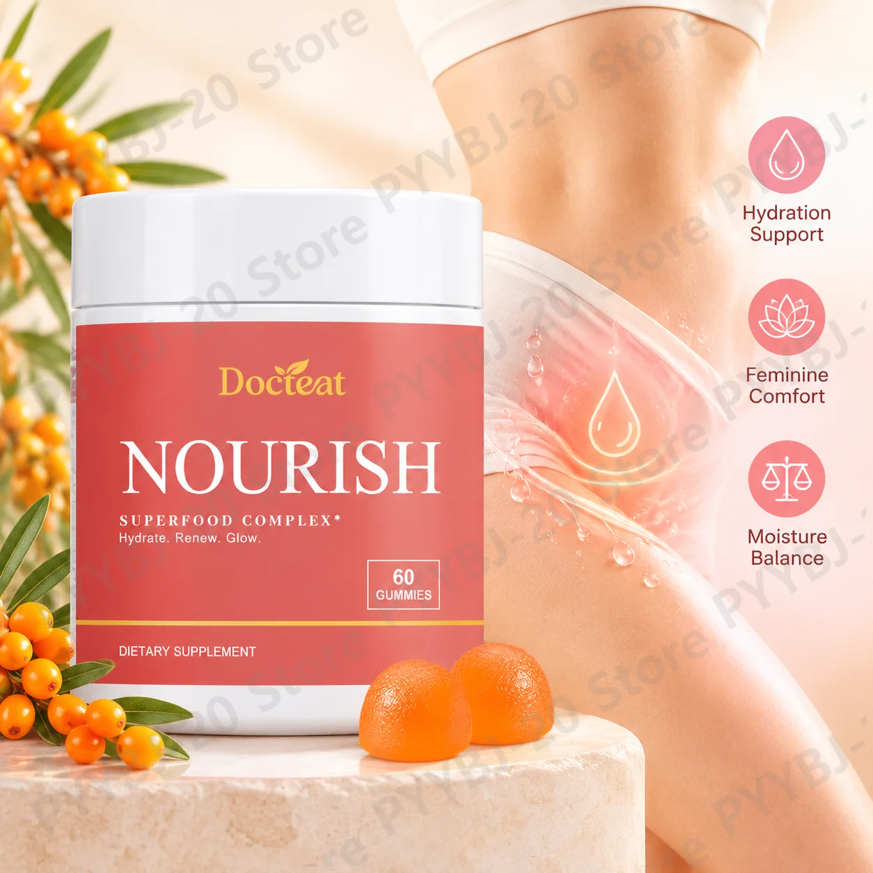 DOCTEAT Women's Hydration Gummies Feminine Comfort Moisture Balance Body Hydration Support with Sea Buckthorn Oil Omega-7 60ct