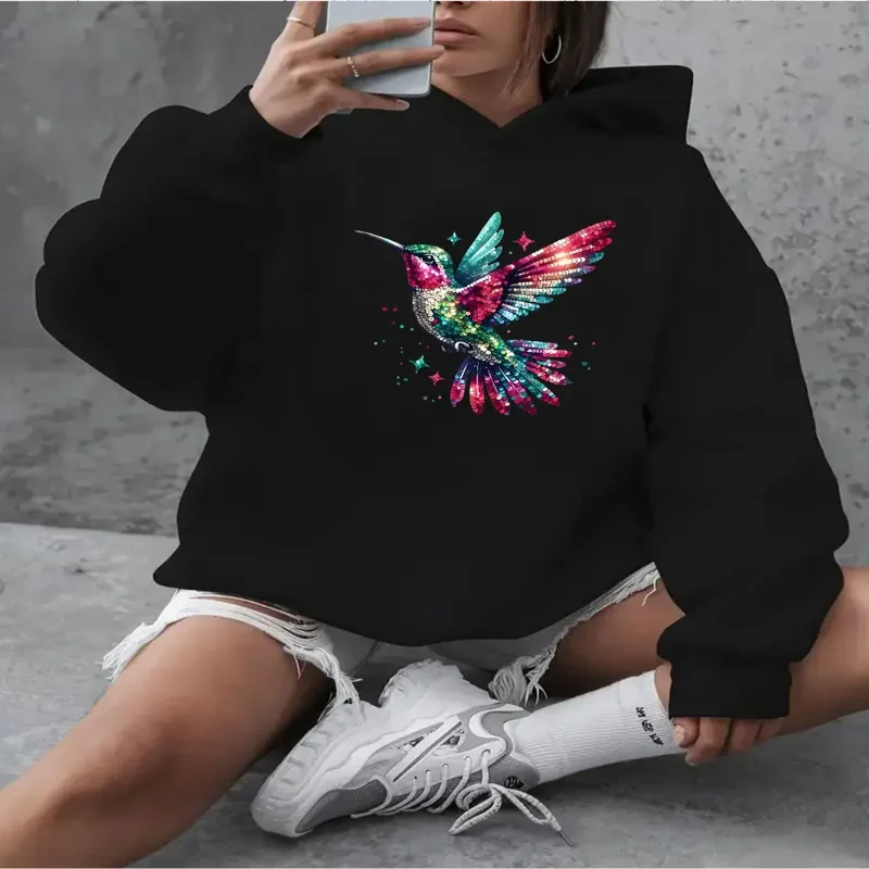 

Vibrant Bird Print Casual Hooded Sweatshirt Kangaroo Pocket Ribbed Cuffs Women Fall Winter Season Machine Washable Pullover