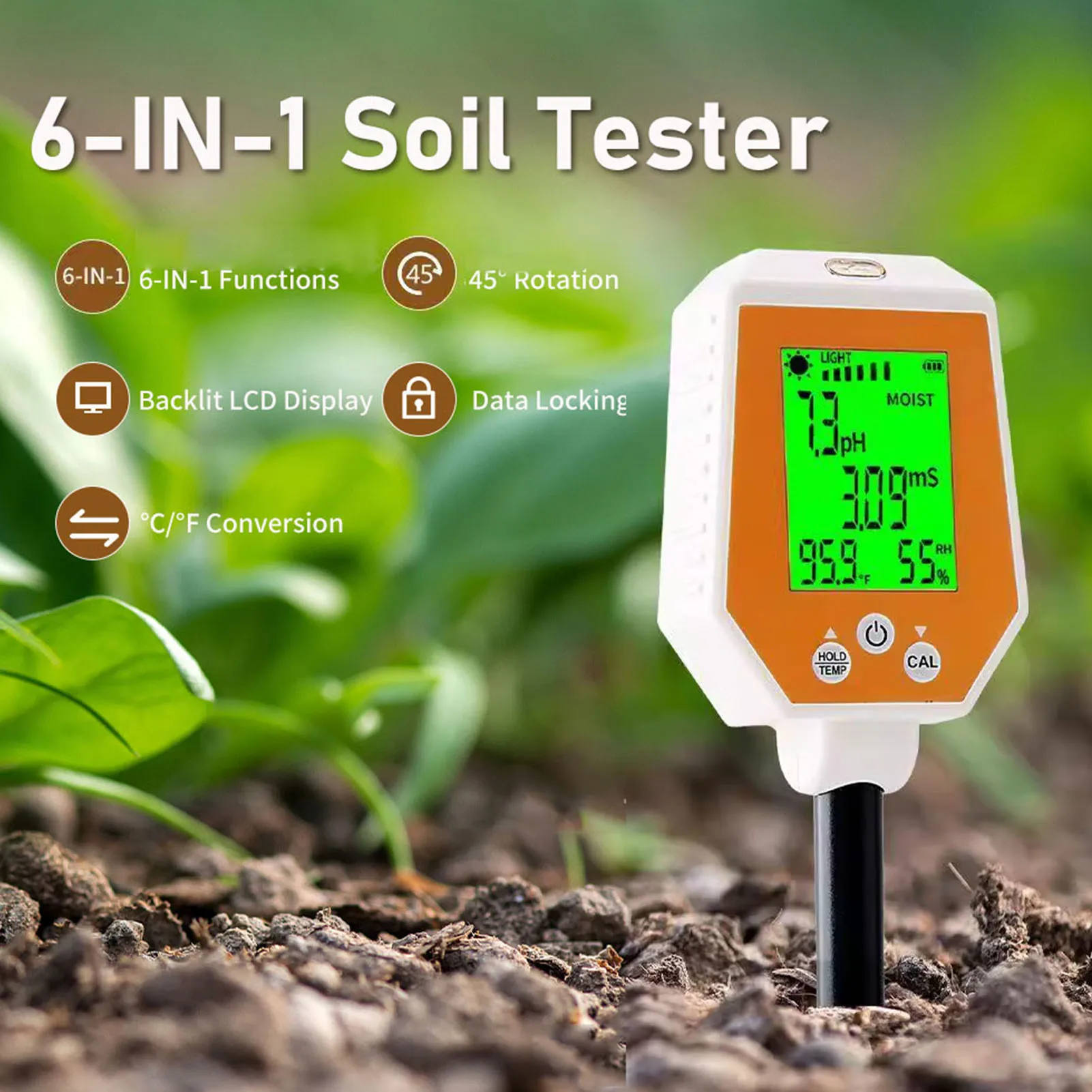 Probador de PH Digital del suelo, medidor de PH EC, probador de temperatura de fertilidad del PH del suelo de alta precisión, profesional para el cuidado de plantas de césped y jardín