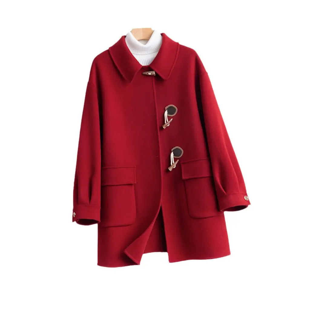 

Women's Autumn Winter Wool Coat 100% Double-Sided Slimming Mid-Length Gentle Style with Corner Buckle