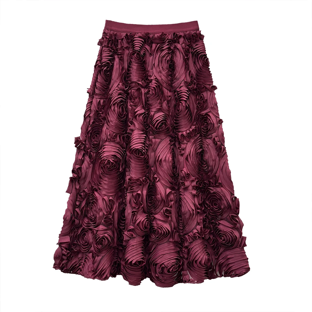 Elegant High-Waisted A-Line  Skirt with 3D Floral Netting Heavy Embroidery Casual Style Polyester Fiber Elastic Waist