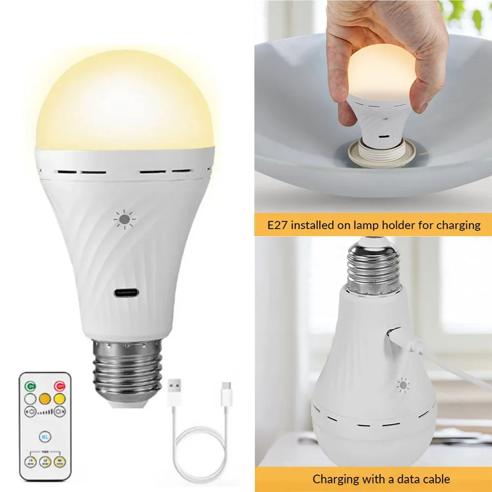 

E27 Rechargeable Light Bulb 7W Double Charging Modes Bulb Dimmable Remote Control Lamp with Hook Emergency Bulbs