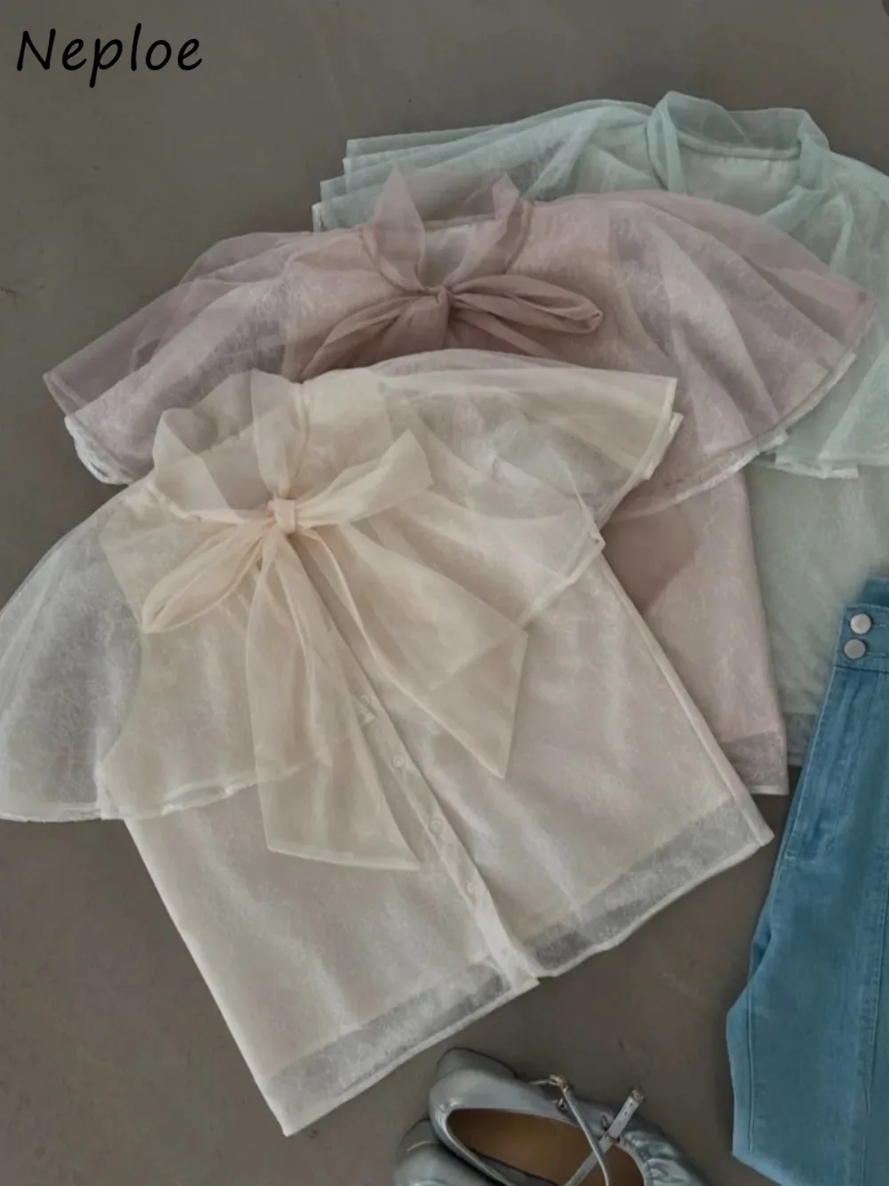 

Neploe Exquisite Gentle Stand Collar Ruffled Shirt Fresh Sweet Chiffon Cloak Bow Lace Up Mujer Japan French Elegant Blouses