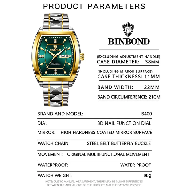 BINBOND Top Brand Luxury Men's Watches Waterproof Luminous Calendar Week Watch For Man Casual Stainless Steel Quartz Men Watch