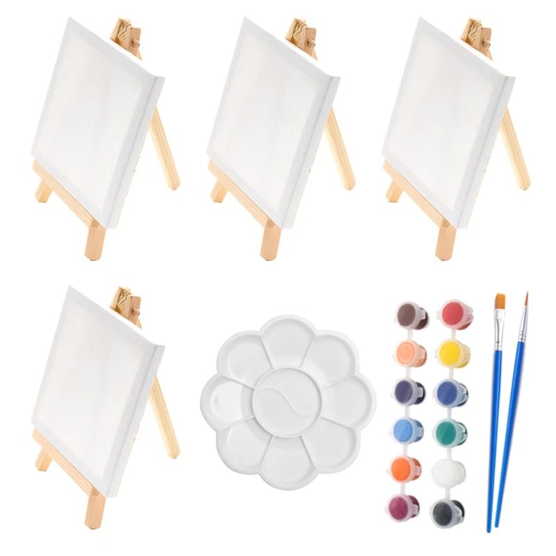 Mini Wooden Easel Kit Art Canvases Painting Kit with Acrylic Paint Painting Brush for Kid Acrylic/Watercolor/Oil Drawing