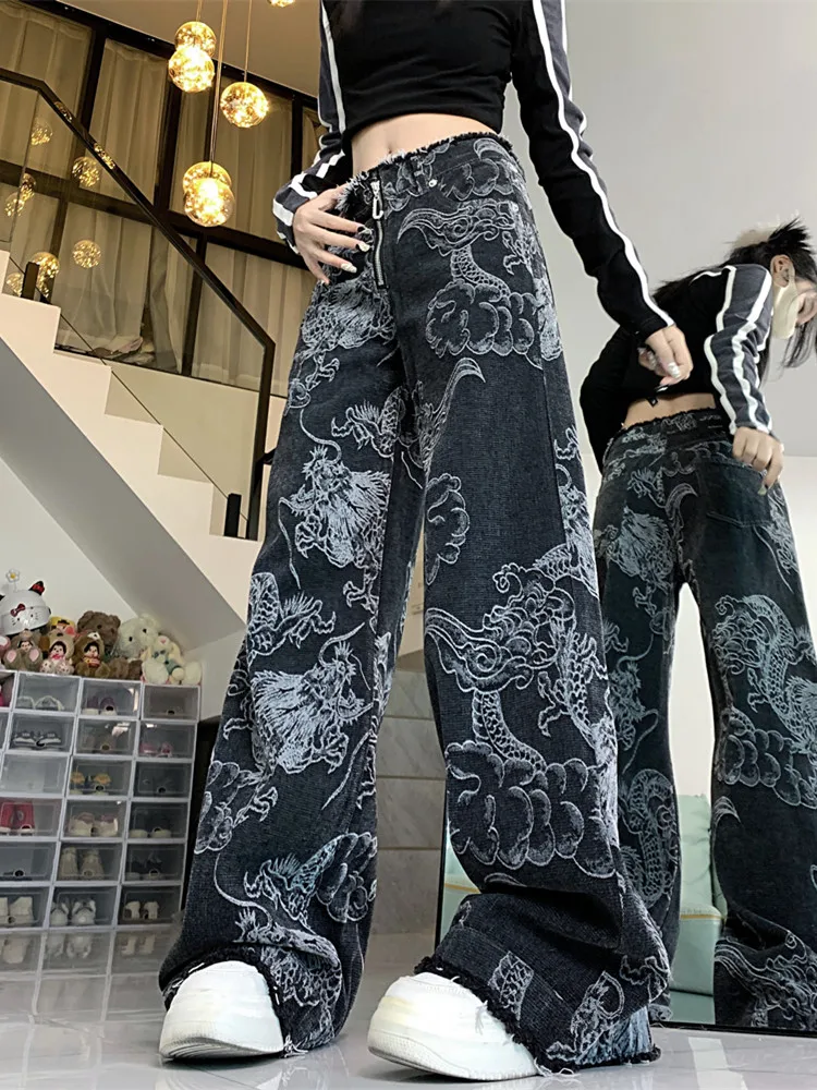 2023 Cyber Y2K Streetwear Dragon Print Black Baggy Wide Leg Jeans Pants For Women 90S Clothes Vintage Lady Straight Trousers