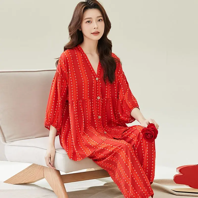 V-neck Printed Cotton Silk Pajamas Women's Spring and Autumn Loose Large Size Loungewear Going Out Suit Moisture Wicking Summer