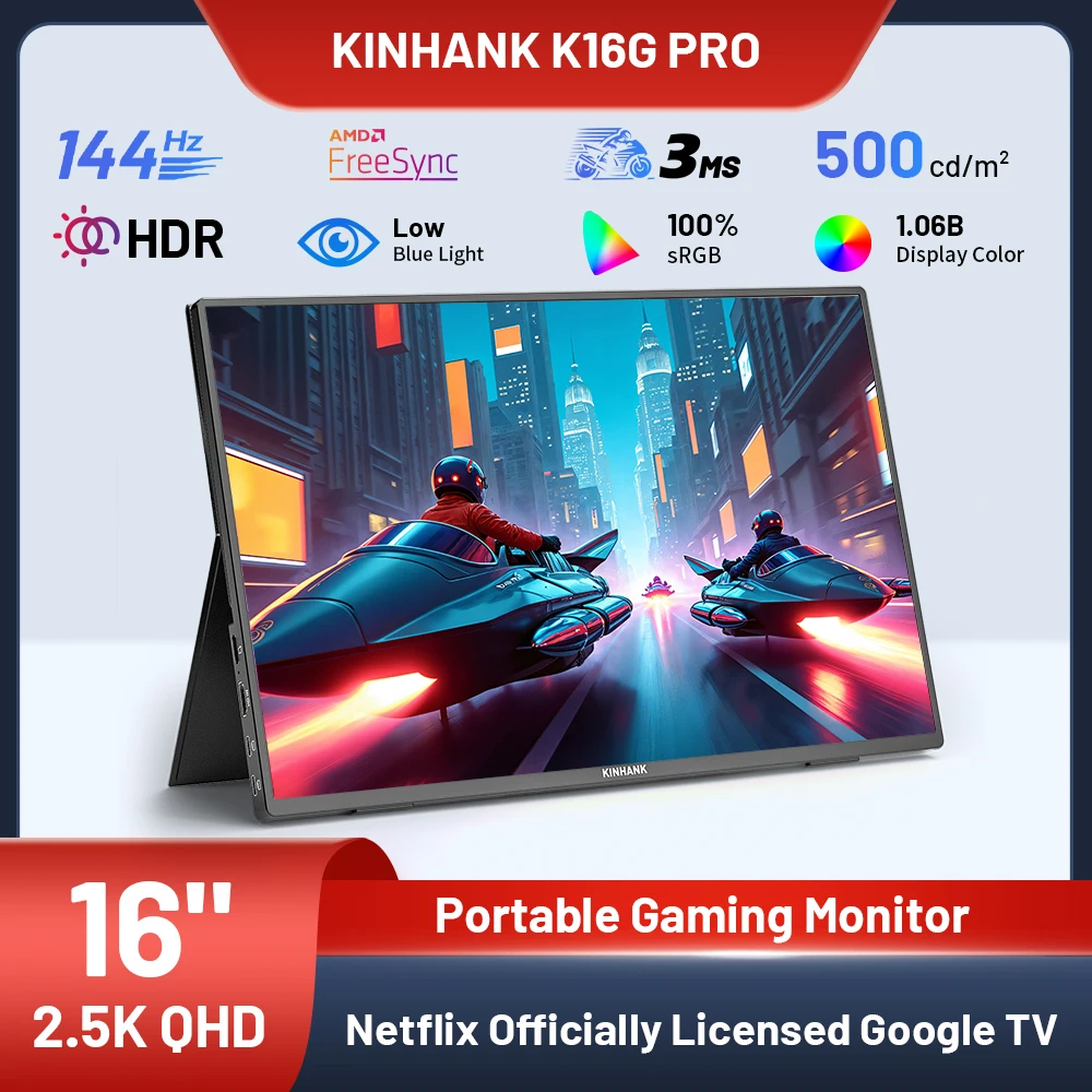 KINHANK 16-inch slimme draagbare monitor met 2,5K HD 144Hz HDR10 Android 12.0 OS Ondersteunt 7000+ apps Projecteerbare gamingmonitor