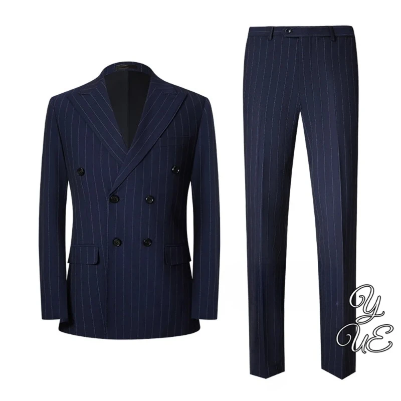 

Men's Striped Double Breasted Swallowtail Collar Flip Collar Business Ball Set, Men's Suit 2-piece Set (jacket+pants)