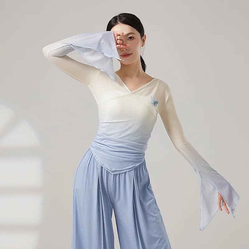 Trasparente Sexy Dancewear Donna Danza moderna Hanfu Camicia di garza Tulle irregolare Manica lunga Pratica Top Folk cinese Estate XL