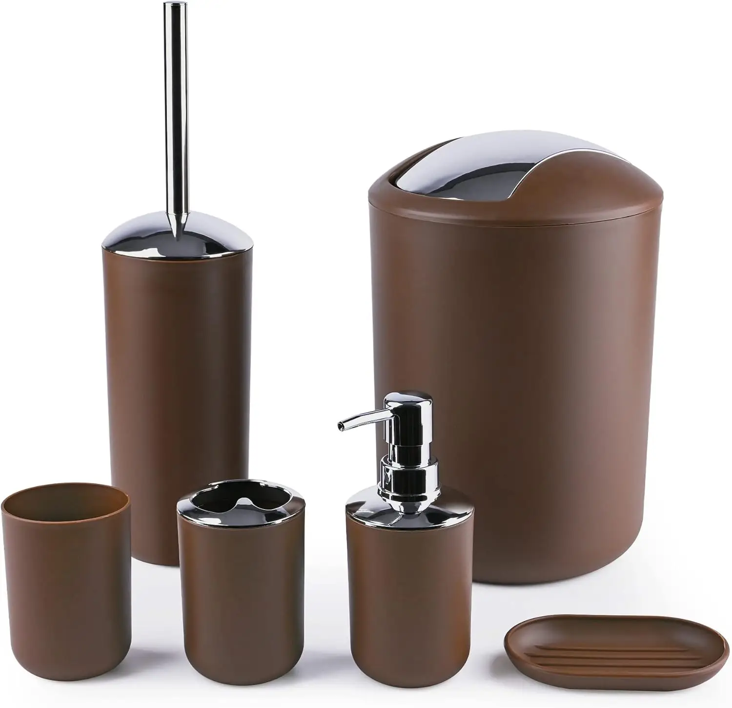 

Набор для организации ванной комнаты из 6 предметов: держатель для зубных щеток, дозатор для мыла, ершик для унитаза, мусорное ведро и стакан