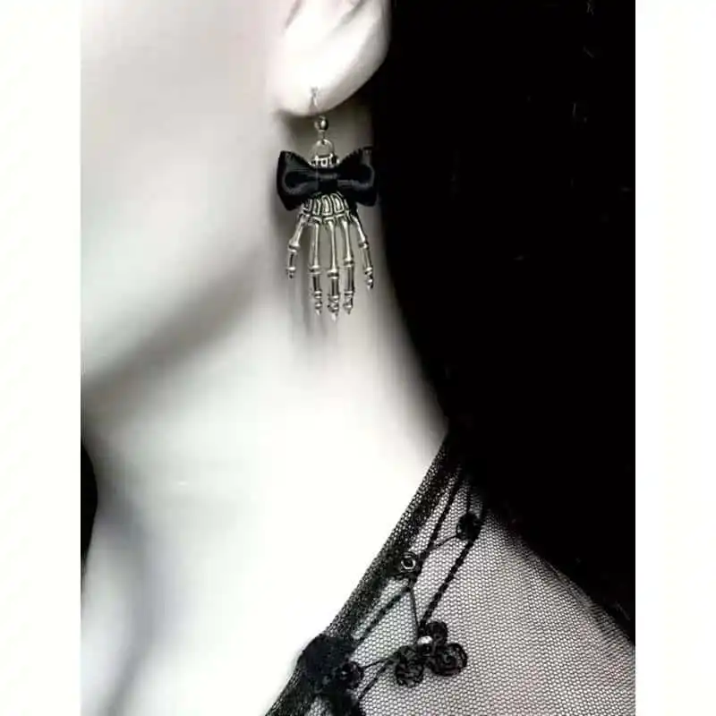 Antique Silver Plated Tone Skeleton Hand Gothic Earrings Finished with Little Black Satin Bows