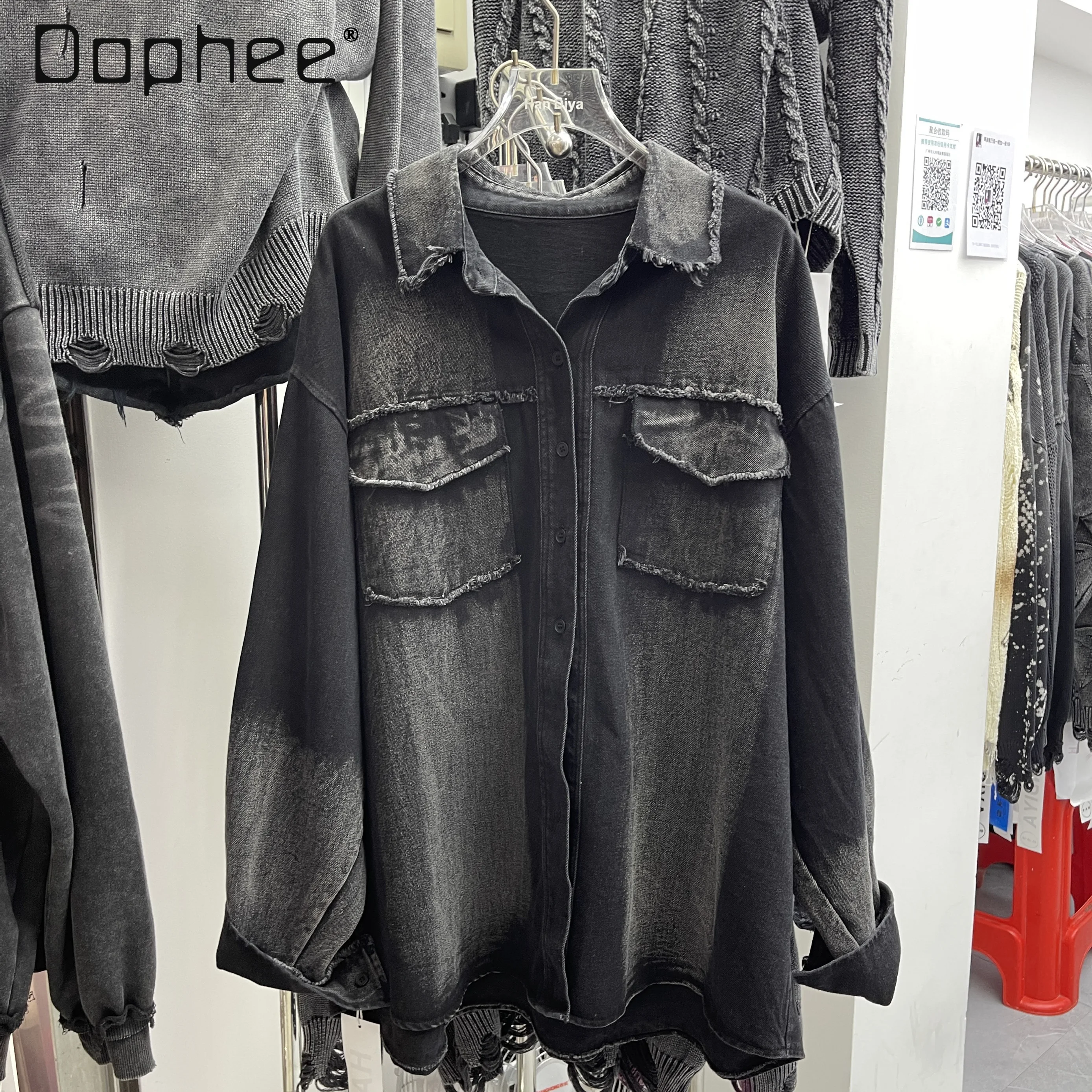 Retro Embroidered Letter Denim Shirt Women Spring Autumn Do Old Personality Street Single-breasted Mid-length Oversized Blouse