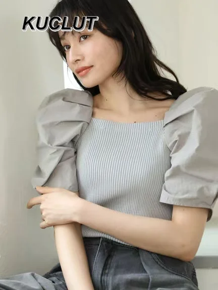 

Summer Tops Japanese Style Short Sleeves T-shirts Three-Dimensional Puff Sleeve Square Neck Tees Short Sleeve Knitted Top